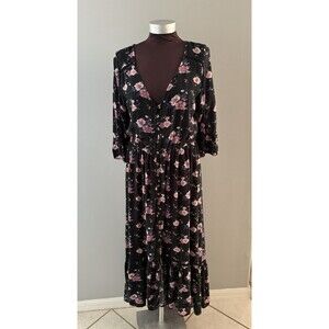 American Eagle Floral Maxi Dress Size L Black Cottage Prairie Country Hi Low